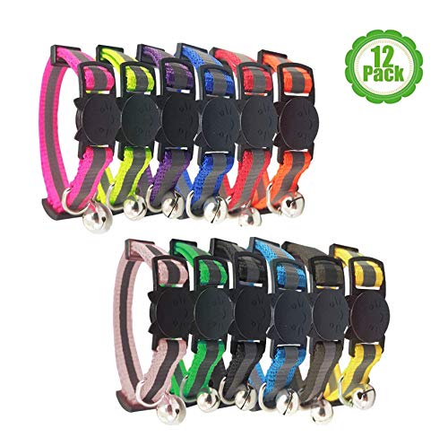 Product Cover Reflective Cat Collar with Bell, Set of 12, Solid & Safe Collars for Cats, Nylon, Kitty Collars, Pet Collar, Breakaway Cat Collar, Free Replacement (12-Pack)