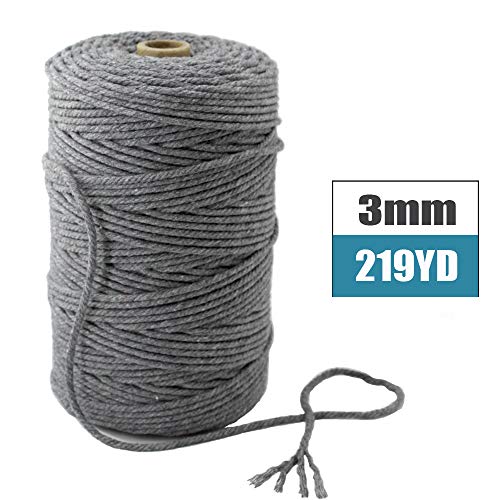 Product Cover Mygogo Macrame Cord 3mm x 219Yards (About 200m,656feet) Dark Gray Colored Cotton Macrame Rope 4 Strand Twisted Soft Cotton Cord for Handmade Wall Hanging Plant Hanger Craft Making DIY Knotting