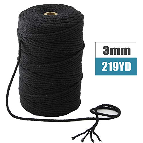 Product Cover Mygogo Macrame Cord 3mm x 219Yards (About 200m,656feet) Black Colored Cotton Macrame Rope 4 Strand Twisted Soft Cotton Cord for Handmade Wall Hanging Plant Hanger Craft Making DIY Knotting