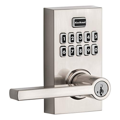 Product Cover Kwikset 99170-003 SmartCode 917 Keypad Keyless Entry Contemporary Residential Electronic Lever Lock Deadbolt Alternative with Halifax Door Handle and SmartKey Security, Satin Nickel