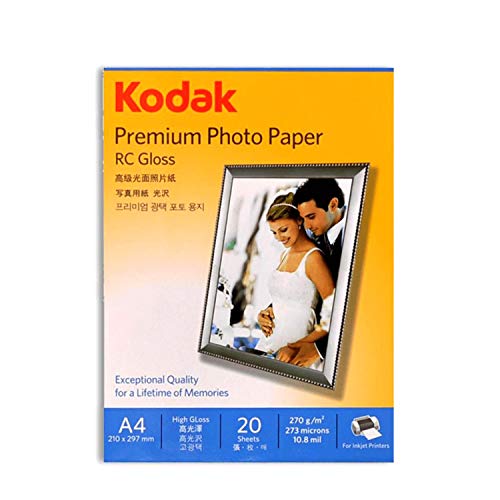 Product Cover Kodak RC (Resin Coated) A4 Photo Paper 210x297mm High Glossy 270gsm Water Proof Instant Dry For All Inkjet Printers Set of 1 (20 Sheets)