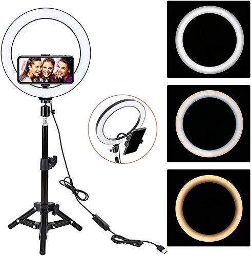 Product Cover 10 inch LED Selfie Ring Light with 70 inch tripod for Live Stream/Makeup/YouTube Video, Dimmable Beauty Ringlight with Tripod Stand & Cell Phone Holder for iPhone Android Phone, Color Temperature 3000K-5000K, 80 Bulbs, Remote