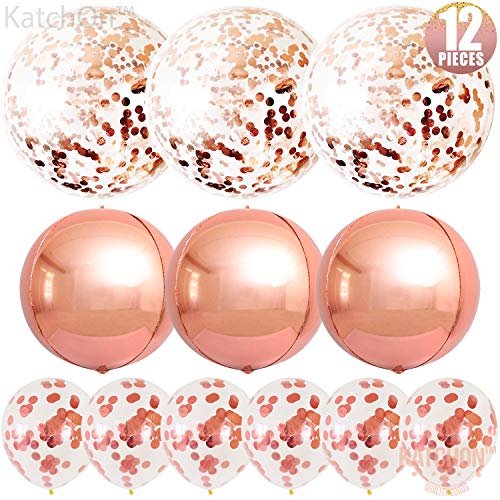 Product Cover Giant Rose Gold Orbz and Confetti Balloons - | 36 Inch and 12 Inch, Rose Gold Confetii Balloons | 22 Inchs Round Orbz Balloons | Rose Gold Birthday, Baby Shower, Wedding, Bridal Shower, Bachelorette