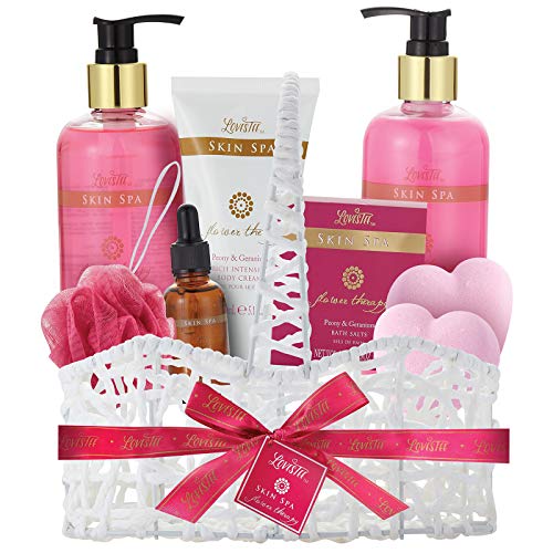 Product Cover Valentine's Bath and Body Spa Basket for Women, Christmas Birthday Gift, Peony & Geranium Relaxing Home Spa Kit, Bath Gift Set-Shower Gel-Bubble Bath-Body Lotion-Bath Bombs-Bath Salt-Message Oil-Puff
