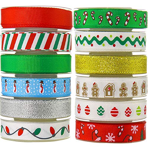 Product Cover JACK CHLOE Ribbon for Christmas, 72Yards 3/8'' Grosgrain Satin Fabric Ribbons for Crafts Decoration Holiday Season Box Gift Wrapping, 12 Rolls Christmas Ribbons for Craft