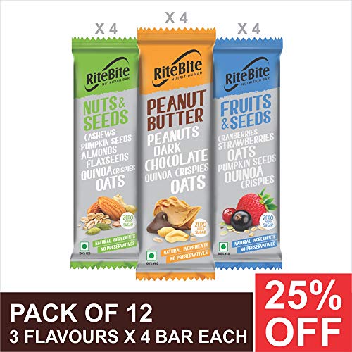 Product Cover RiteBite Assorted Nutrition Sugarless Bar Pack of 12 (Peanut Butter-4, Fruit & Seed-4, Nut & Seeds-4)