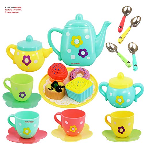 Product Cover PLUSPOINT Tea Set Tea Party Pretend Playset for Kids, Teapot Play Set Pretend Play Set Girls Kitchen Toy Teapot Gift for Toddler Kids Children Boys Girls 3 Years Old (Tea Play Set)