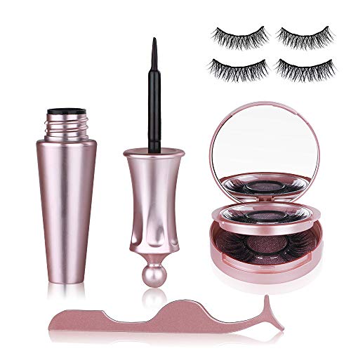 Product Cover 3D Magnetic Eyelash Kit,(2 Pairs) Natural Look, With Magnetic Eyeliner Lashes Tweezer No Glue Reusable Silk False Lashes, Easy To Use