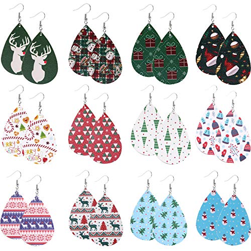 Product Cover Ckysee Christmas Earrings Xmas Earrings Faux Leather Earrings Teardrop Dangle Earrings For Women Girls Christmas Party Supplies 12 Pairs