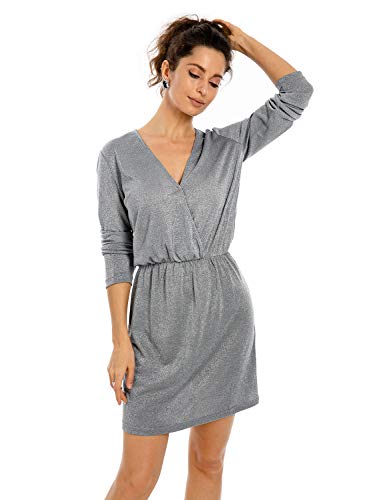 Product Cover Fleur Wood Women's Sexy Deep V Neck Long Sleeve Wrap Glitter Sparkling Party Club Mini Dress Silver Gray
