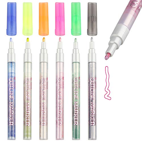 Product Cover Self-outline Markers Metallic Pens, 6 Colors Tomorotec 2mm Nylon Tip STA Double Line Pen Journal Pens Colored Permanent Marker Pens for Kids, llustration Coloring Sketching Card Make