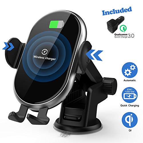 Product Cover Wireless Car Charger, Hexdeer 10W/7.5W Qi Fast Charging Auto Clamping Car Wireless Charger Mount with QC 3.0 Fast Charger, Dashboard Windshield Air Vent Phone Holder for Smartphones Qi Certified