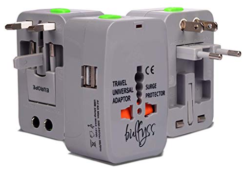 Product Cover Bulfyss Universal Travel Adapter with Built in Dual USB Charger Ports with 125V 6A, 250V Surge/Spike Protected Electrical Plug (Grey) - Made in India