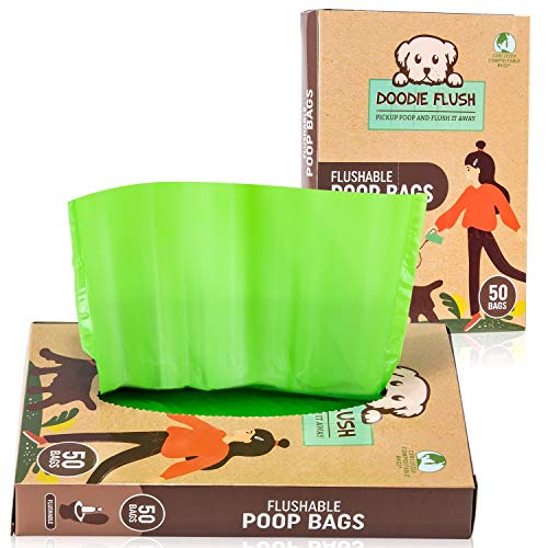 Product Cover Doodie Flush Dog Poop Bag (Box of 50 Poop Bags for Dogs) Flushable 100% Environmentally Friendly Compostable Biodegradable Pet Waste Bags, Extra Thick & Strong, Biodegrades in Seconds with Water