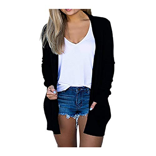 Product Cover Womens Cardigan Loose Solid Open Front Long Sleeve Pocket Sweater Coat Tops Blouse (XXL, Black)