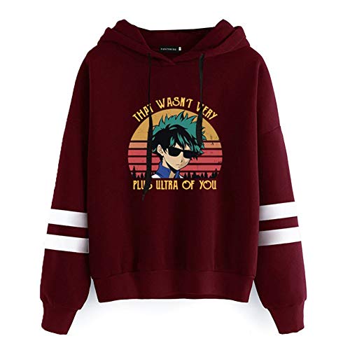 Product Cover Detroital Women's My Hero Academia That's Wasn't Very Plus Ultra of You Hoodie Striped Sleeve Sweatshirt (M, Red)