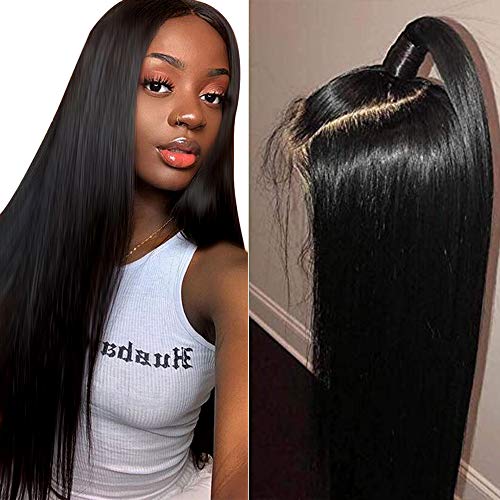 Product Cover Muokass 4x4 Lace Front Wigs Straight Hair Brazilian Virgin Human Hair Lace Closure Wigs For Black Women 150% Density Pre Plucked With Elastic Bands Natural Color Hairline (16, straight wig)