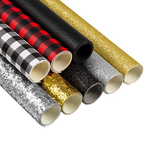 Product Cover 8 Set Buffalo Faux Leather Sheets, Plaid Printed and Glitter Synthetic Leather Fabric Sheet for Earrings Hair Bows and Craft Making