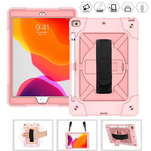 Product Cover CWNOTBHY iPad 7th Generation Case 10.2 Inch 2019 / ipad 10.2 Case, Heavy Duty Shockproof Protective Case with 360 Rotate Kickstand/Hand Strap/Shoulder Strap (Rose Gold)