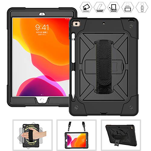 Product Cover CWNOTBHY iPad 7th Generation Case 10.2 Inch 2019 / ipad 10.2 Case, Heavy Duty Shockproof Protective Case with 360 Rotate Kickstand/Hand Strap/Shoulder Strap (Black/Black)
