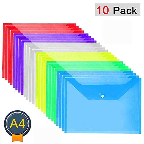 Product Cover GreatDio® A4 Multicolor Document File Bag, Transparent Envelope Holder Storage Case, Snap Button Organizer, Clear Plastic Container for Papers, Stationery - 10 Pack