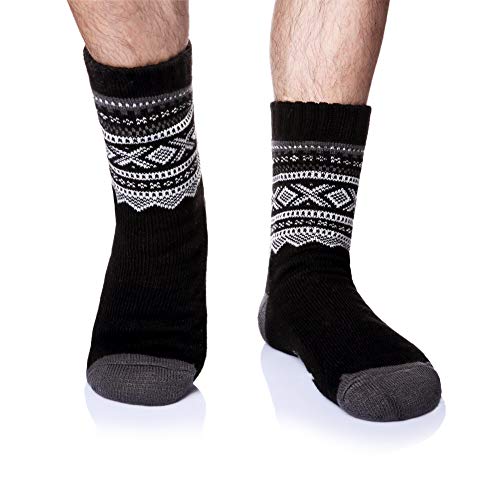Product Cover Men's Fleece Lined Cozy Extra Thick Slipper Socks Winter Non-Slip Fuzzy Home Socks Christmas Gift Stockings (Black Rhomb)