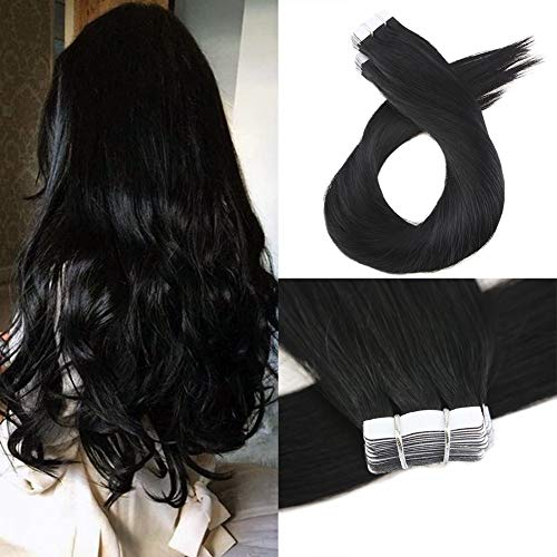 Product Cover Moresoo 20 Inch Skin Weft Tape Remy Human Hair Glue in Hair Extensions Color 1 Jet Black Tape in Adhesive Brazilian Hair Full Head Hair Extensions 40 Pieces 100 Grams Per Pack