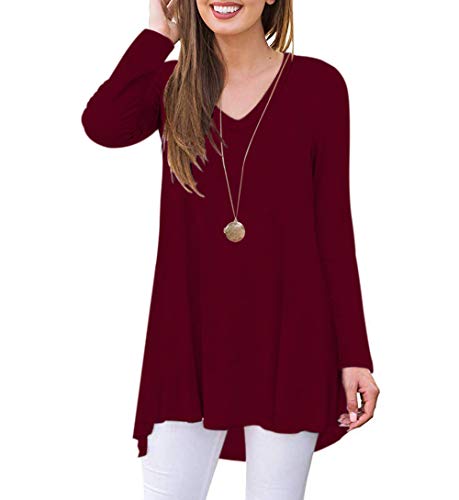 Product Cover WNEEDU Women's Fall Long Sleeve V-Neck T-Shirt  Tunic Tops Blouse Shirts (XL, Wine Red)