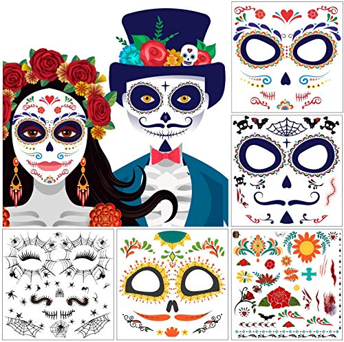 Product Cover 10 Packs Day of the Death Halloween Tattoos, Families Skull Temporary Tattoos Party Favor Supplies, 6x5 inches
