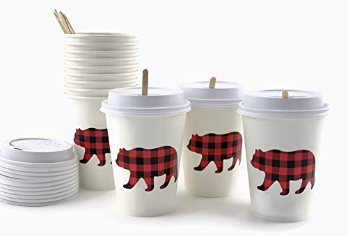 Product Cover Buffalo Plaid Bear Lumberjack Party Paper Cups with Lids and Stirrers (12 Set)
