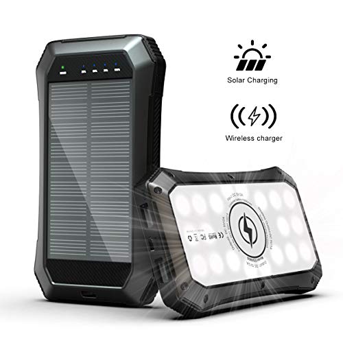 Product Cover Solar Charger, ABFOCE Wireless Power Bank 10000mAh with 20 LED Lights and Qi Solar Wireless Charger for Camping Outdoor for iOS Android-Black