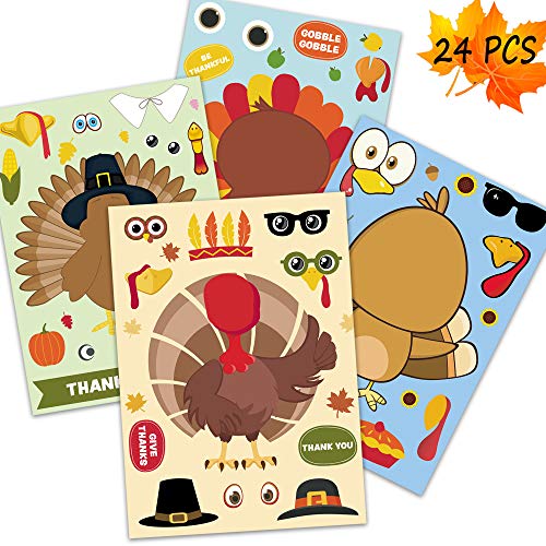 Product Cover Happy Storm Thanksgiving Party Games for Kids 24 PCS Make a Turkey Stickers Thanksgiving Stickers Party Activities Make a Face Stickers Sheet DIY Party Favors for Thanksgiving Decor