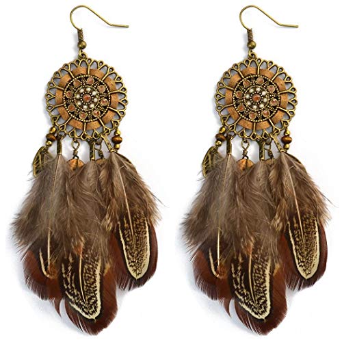 Product Cover Punk Vintage Long Tassel Feather Beads Drop Wolf Tooth Pendant Earring Fish Hook Earrings (Brown B)
