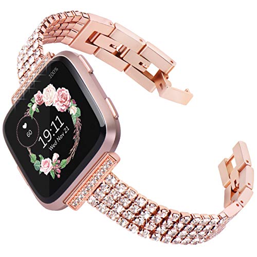 Product Cover Surace Compatible for Fitbit Versa Bands for Women Bracelet Metal Strap with Diamond Replacement for Fitbit Versa 2 Bands Compatible for Fitbit Versa Band Versa Lite Band Smart Watch, Rose Gold