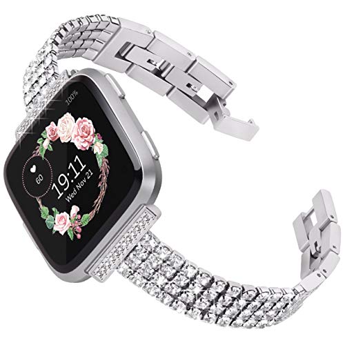 Product Cover Surace Compatible for Fitbit Versa Bands for Women Bracelet Metal Strap with Diamond Replacement for Fitbit Versa 2 Bands Compatible for Fitbit Versa Band Versa Lite Band Smart Watch, Silver