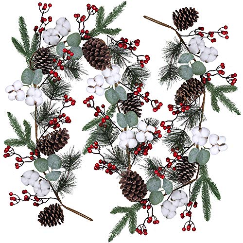 Product Cover Artificial Christmas Pine Garland with Berries Pinecones Spruce Eucalyptus Leaves Cotton Balls Winter Greenery Garland for Holiday Season Mantel Fireplace Table Runner Centerpiece Décor 6 feet