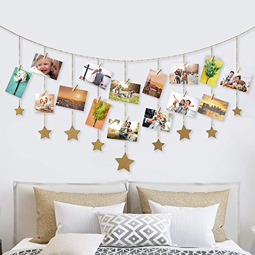 Product Cover Retr Photo Display Wood Stars Garland Chains for Dorm Decor ,Hanging Picture Frame Collage with 30 Wood Clips, Wall Art Decoration for Home Office Nursery Room Dorm Living Room Bedroom (Gold)