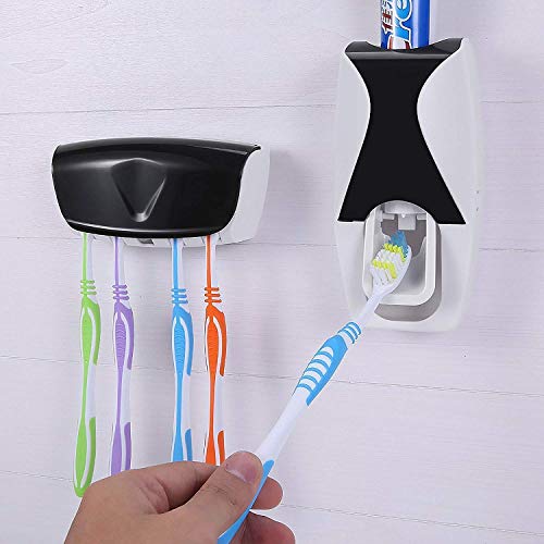 Product Cover SHOPPOWORLD Plastic Automatic Hands Free Toothpaste Dispenser Wall Mounted Toothpaste Squeezer Dispenser with Detachable 5 Hole Toothbrush Holder (Multicolor)