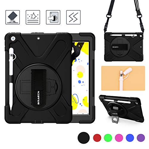 Product Cover BRAECN iPad 10.2 case 2019,Heavy Duty Rugged Shockproof Case with Pencil Holder/Pencil Cap Holder/Hand Strap/Swivel Kickstand/Shoulder Strap/Expandable Storage Pouch for iPad 7th generation case-Black