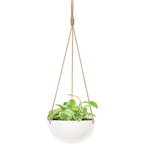 Product Cover Mkono Ceramic Hanging Planter Modern Round Flower Plant Pot 9 Inch Porcelain Plant Holder with Polyester Rope Hanger for Indoor Outdoor Herbs Ferns Ivy Crawling Plants, White