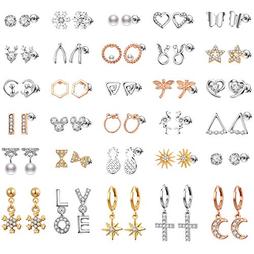 Product Cover Aganippe 12/30 Pairs Assorted Stainless Steel Stud Earrings Set for Teens Girls Women Mini Hoop Earrings Animal Pearl Crystal Geometric Stud Cat Heart-shaped Snowflake Christmas Gifts (E0849-7)