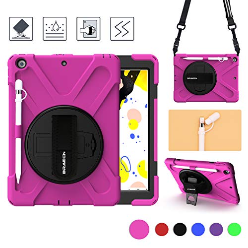 Product Cover BRAECN iPad 10.2'' 7th Generation case 2019-[Pencil Holder+Pencil Cap Holder+Hand Strap+360° Swivel Kickstand +Expandable Storage Pouch+Shoulder Strap]-Shockproof Kids Cover for iPad 7 10.2'' (Pink)