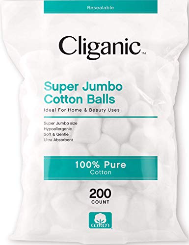 Product Cover Cliganic SUPER JUMBO Cotton Balls, 200 Count - Hypoallergenic, Absorbent, Large Size, 100% Pure