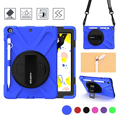Product Cover BRAECN iPad 10.2 Case with Pencil Holder/Pencil Cap Holder,Heavy Duty Rugged Case with Stand,Handle Hand Strap & New Shoulder Strap(Expandable Storage Pouch) Fit ipad 7th Generation Cases 2019-Blue