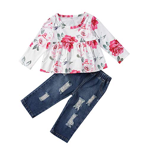 Product Cover Anmino Baby Girls Pant Set 2Pcs Outfits Floral Ruffle Long Sleeve T-Shirt Jeans Denim for Girls