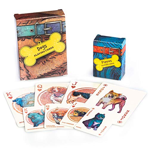 Product Cover Dogs & Puppies Playing Cards - 100+ Dog & Puppy Illustrations, Two Decks of Assorted Breeds - Pictures of Pets for Animal Lovers - Family Games, Hobbies, & Collections - Cute Pet Themed Collectibles