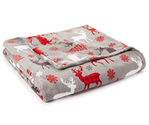 Product Cover Just Home Fun Print Soft Cozy Lightweight 50 x 60 Fleece Throw Blanket (Gray & Red Reindeer)