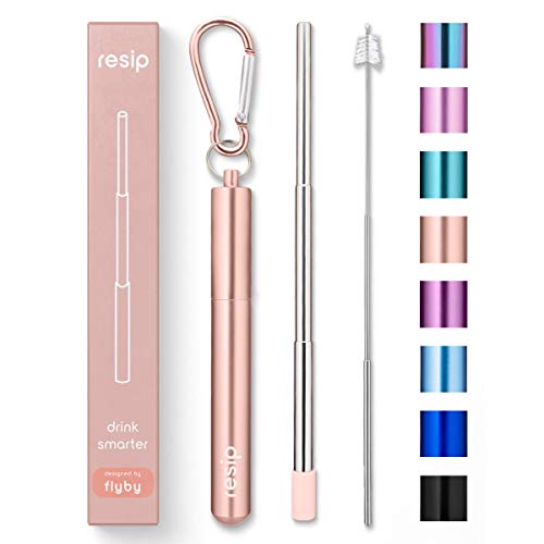 Product Cover Flyby Portable Reusable Drinking Straws | Collapsible & Foldable Telescopic Stainless Steel Metal Straw Dispenser | Final Aluminum Case, Long Cleaning Brush, Silicone Tip | Rose Gold | 1-Pack