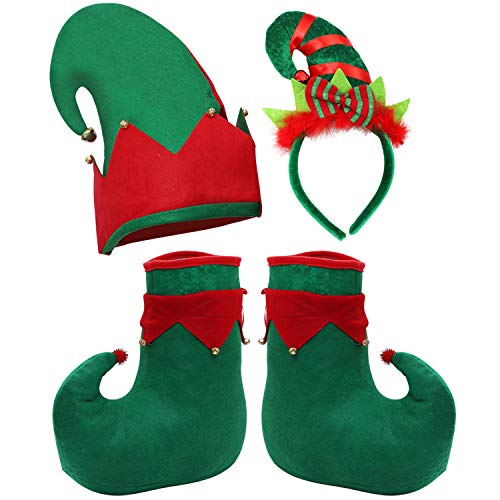 Product Cover Cooraby Christmas Elf Costume Set Felt Elf Hat Elf Shoes Christmas Elf Headband Xmas Holiday Party Adult Elf Accessories
