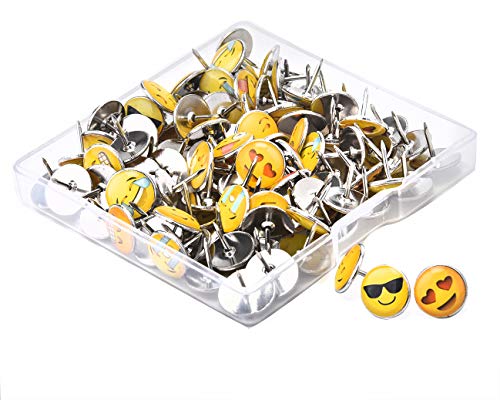 Product Cover 100 Pieces Creative Emoji Push Pins, Different Smiley Face Patterns, Decorative Thumbtacks for Maps, Photos, Bulletin Board or Cork Boards